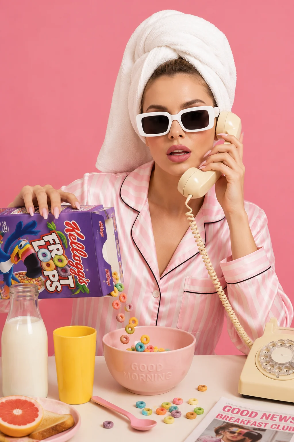 Fashion editorial breakfast portrait with cereal, telephone, and pastel styling.