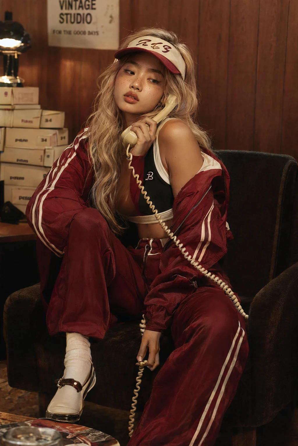 Seated streetwear portrait with burgundy track layers, a visor cap and cream telephone against a warm wood-paneled interior.