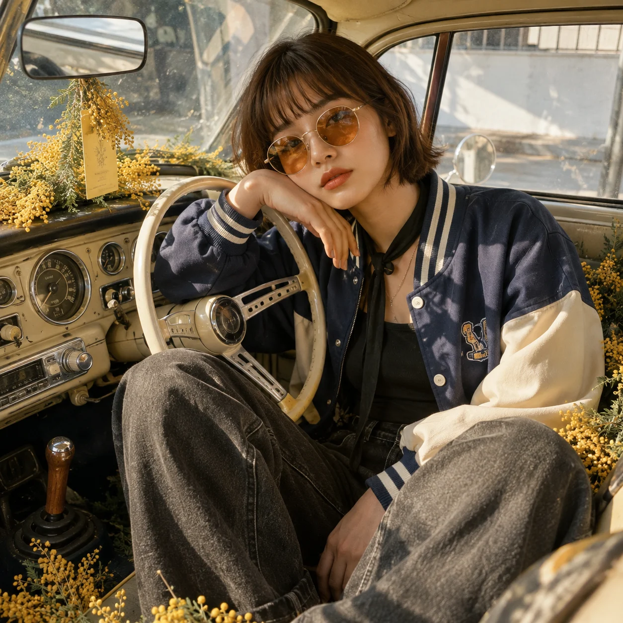 Square fashion portrait of a woman in varsity streetwear seated inside a cream vintage car filled with bright yellow mimosa branches.
