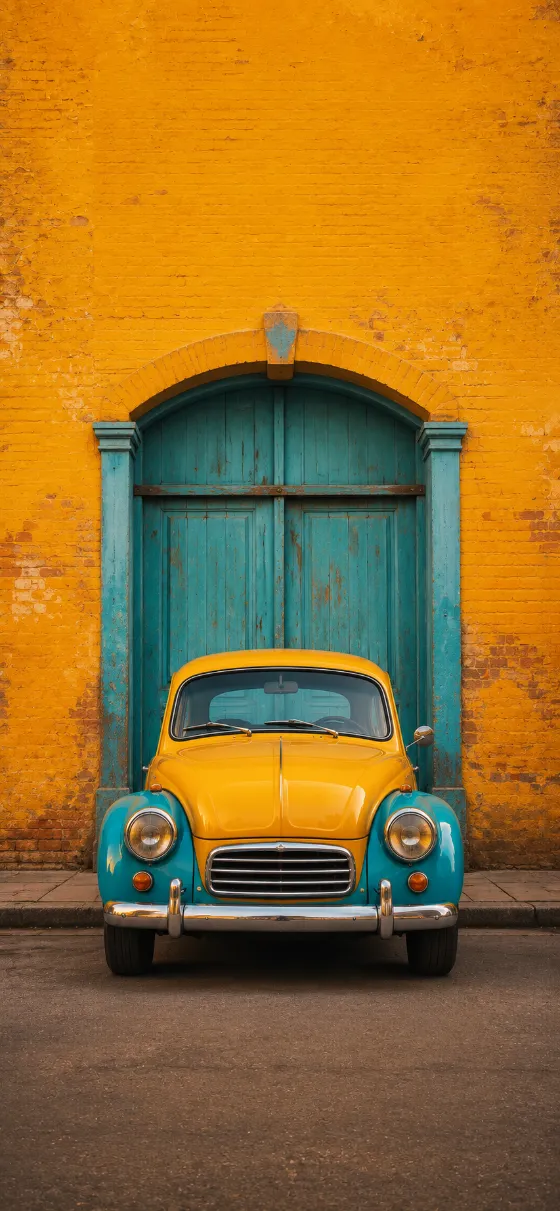 Classic colorful vintage compact car parked in front of a turquoise wooden door and yellow brick wall.