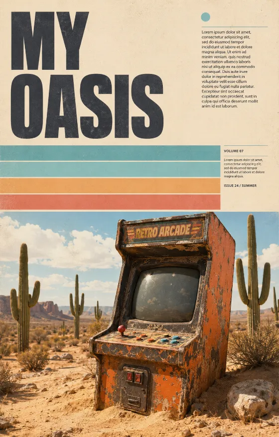 Vintage-style poster featuring a weathered arcade machine surrounded by desert scenery with cacti and geometric typography.