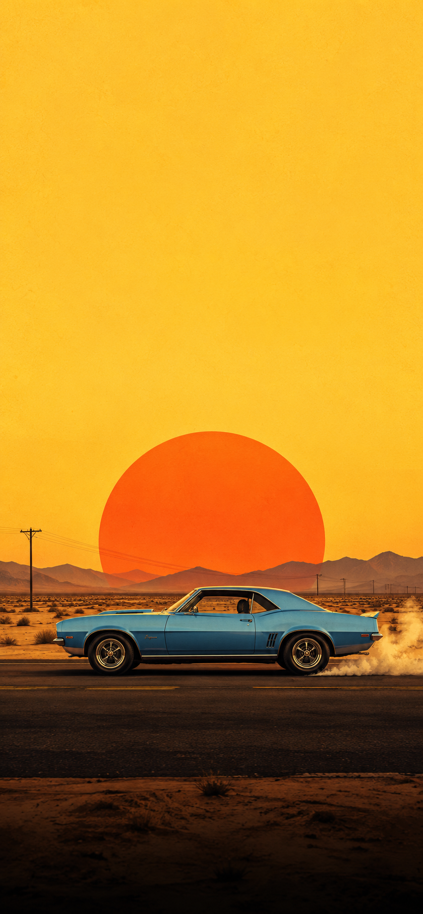 Light-blue classic muscle coupe driving across a desert highway beneath a giant orange-red sunset with mountains and tire smoke.