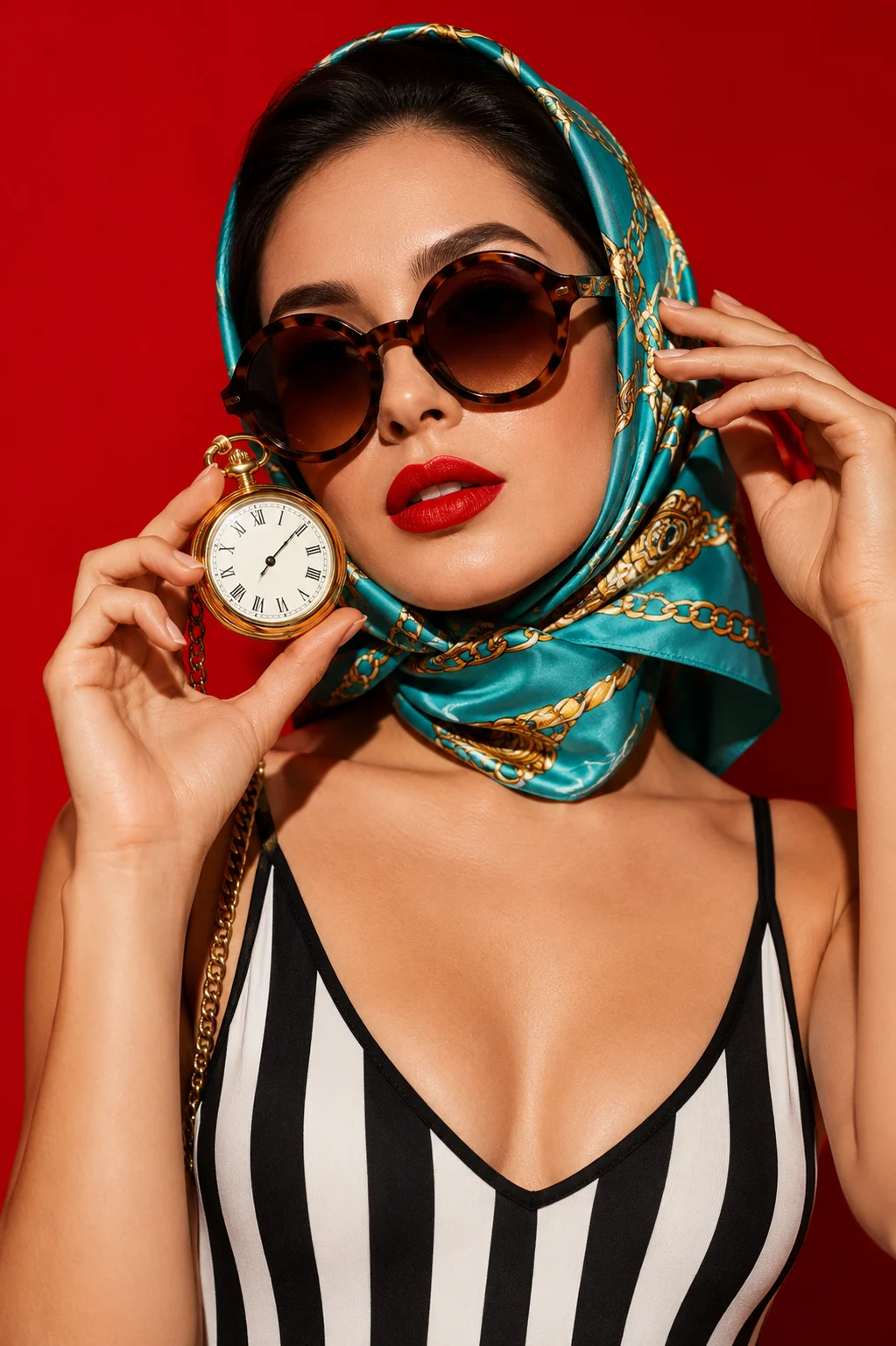 Editorial studio portrait of a fashion subject wearing a turquoise silk scarf, oversized sunglasses and holding a gold pocket against a vivid.