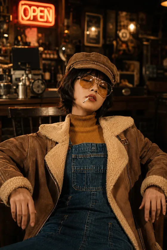 Editorial portrait of a fashion subject wearing a shearling jacket, mustard knit, aviator glasses, and vintage cap inside a retro neon bar.