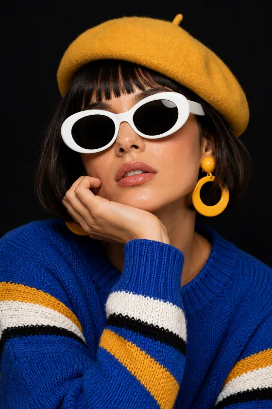 Close-up editorial portrait of a fashion subject wearing a yellow beret, oversized white sunglasses, and a colorful knit sweater against a dark background.
