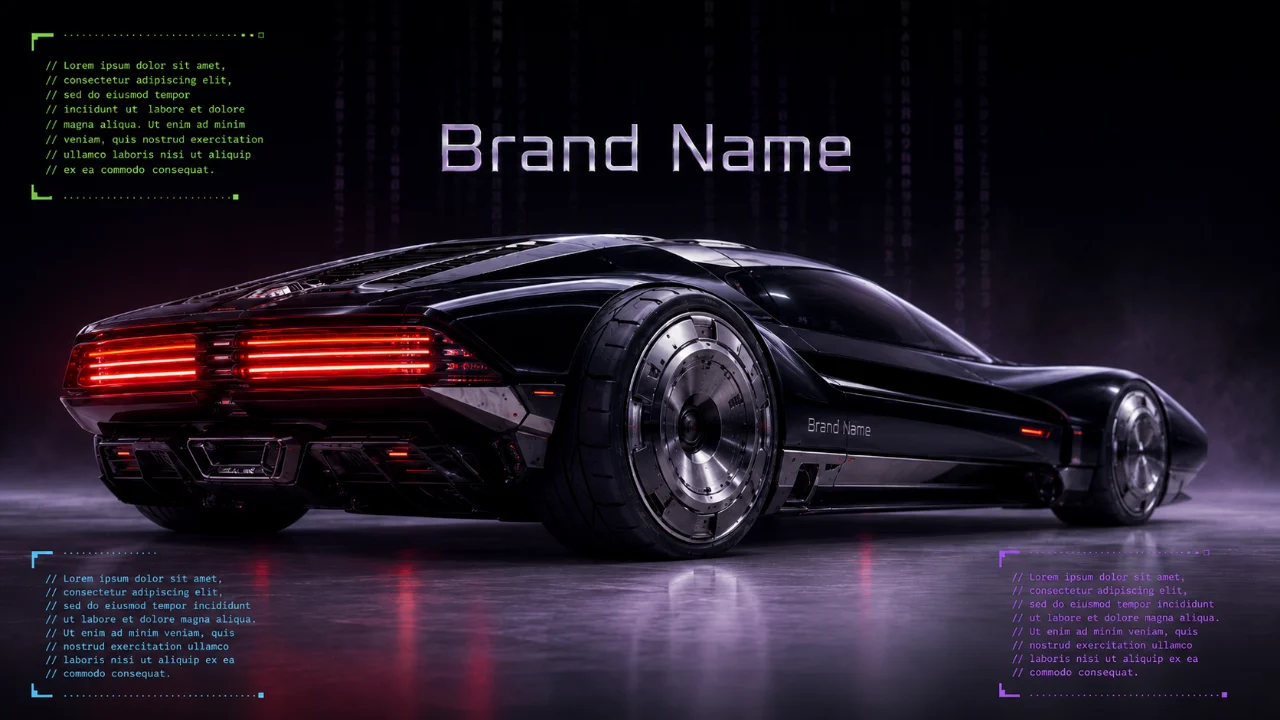 Cinematic black concept car with red rear lighting, metallic wheel detail, and layered neon code graphics.