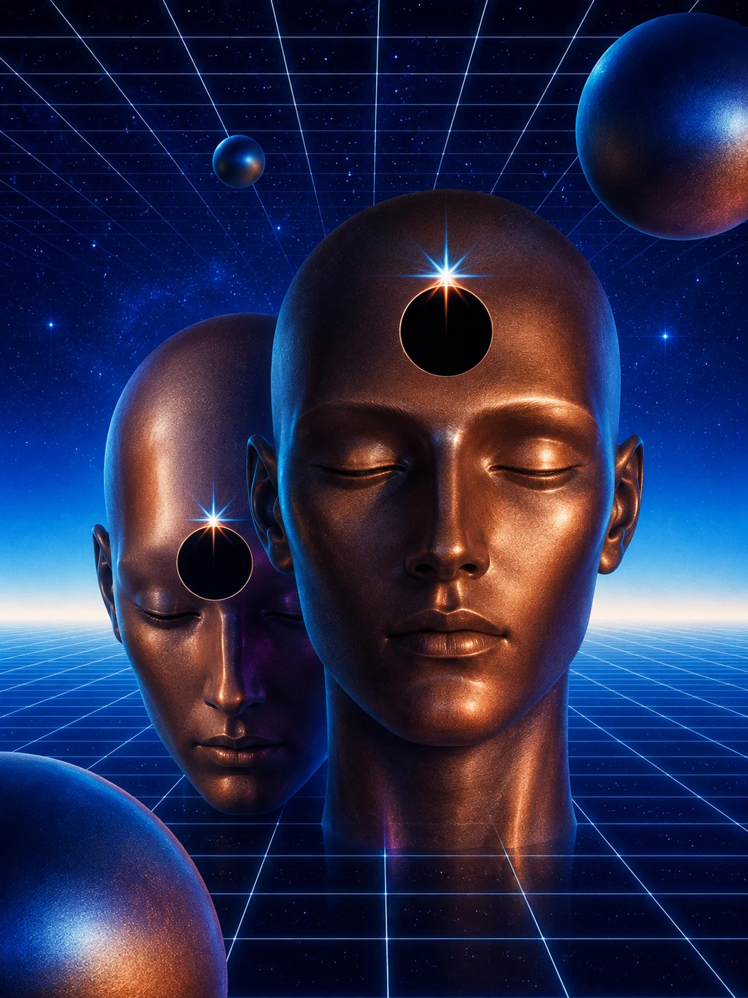 Surreal bronze faces suspended in a blue cosmic grid with dark voids, starbursts, and floating spheres.