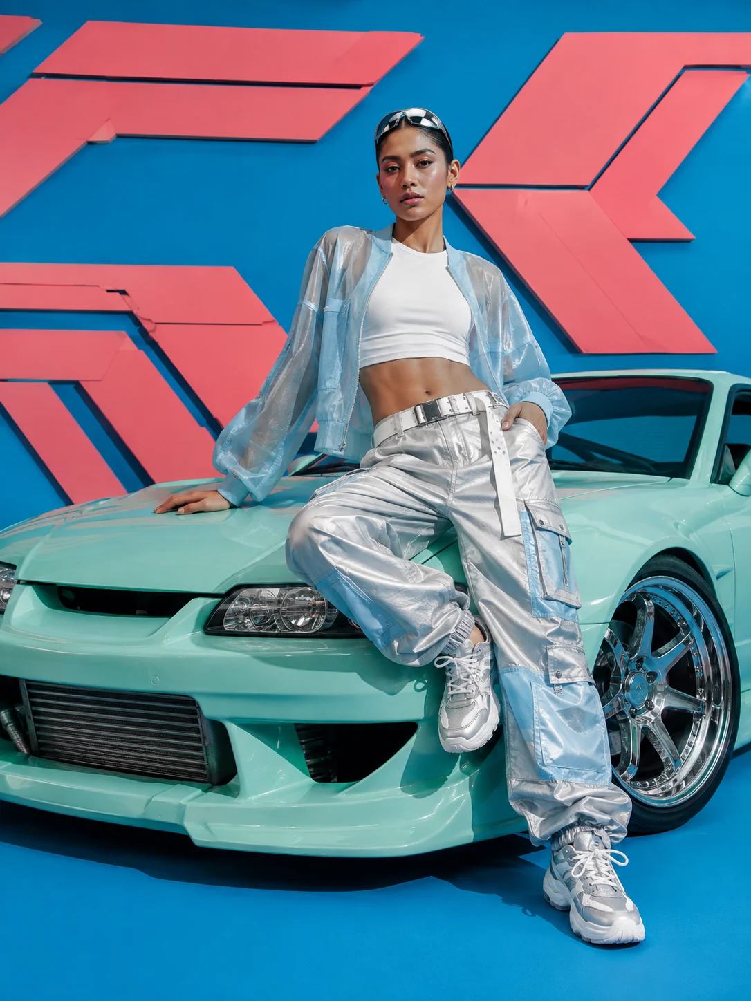Metallic streetwear model leaning on a mint sports coupe in a cyan studio with coral geometric graphics.