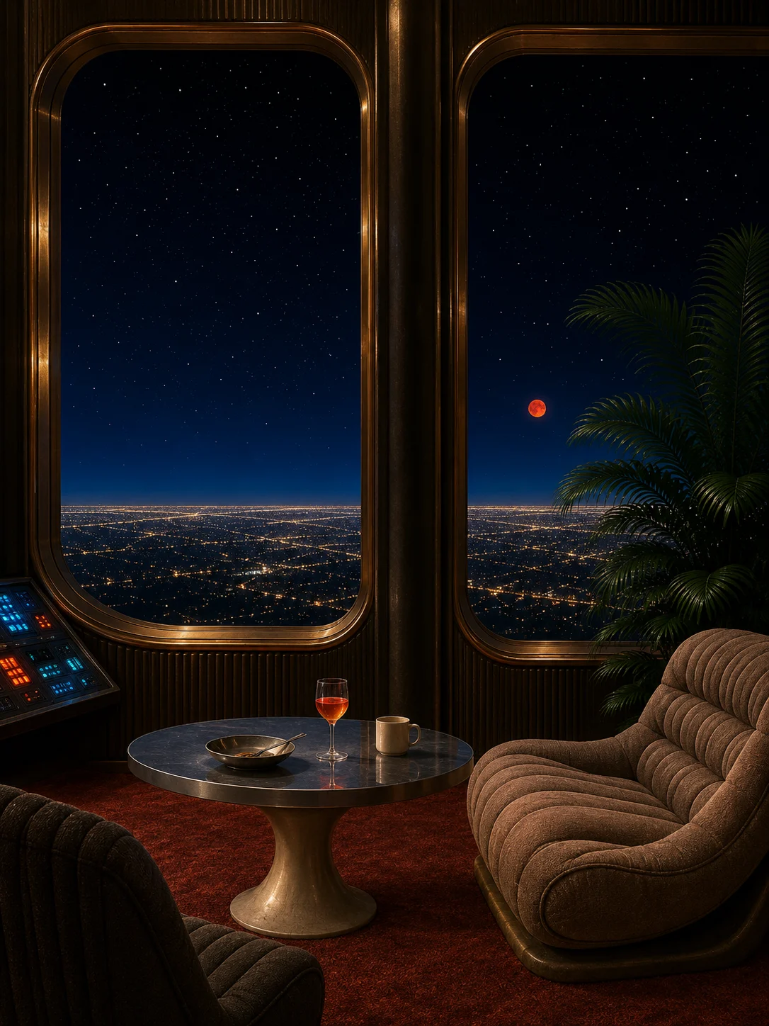 Retro-futurist lounge with sculptural chairs, a round table, huge bronze-framed windows, distant city lights and a red celestial body.