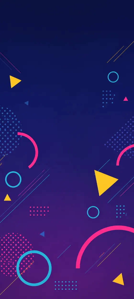 Retro geometric abstract wallpaper with yellow triangles, cyan circles, pink arcs, and blue dots on a navy purple background.
