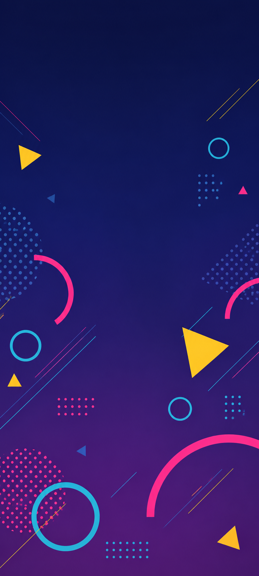 Retro geometric abstract wallpaper with yellow triangles, cyan circles, pink arcs, and blue dots on a navy purple background.