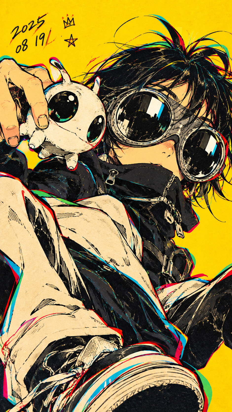 Stylized anime character with oversized reflective goggles and chromatic glitch outlines on a bright yellow vertical wallpaper.