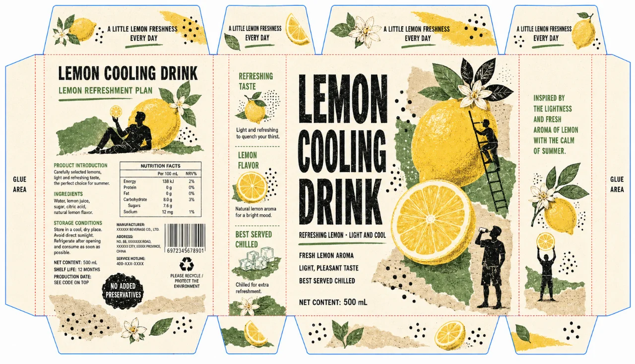 Retro lemon beverage carton layout with English typography, citrus collage, technical dieline guides, and a yellow, green, black, and cream palette.