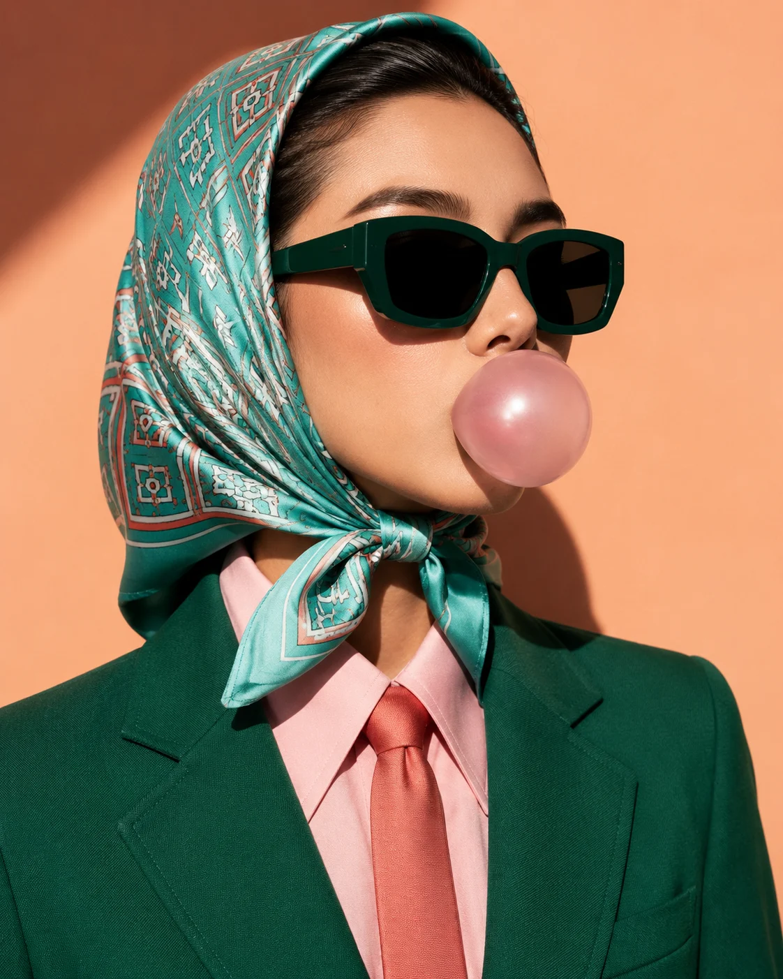 Studio fashion portrait with emerald tailoring, silk scarf and oversized sunglasses.