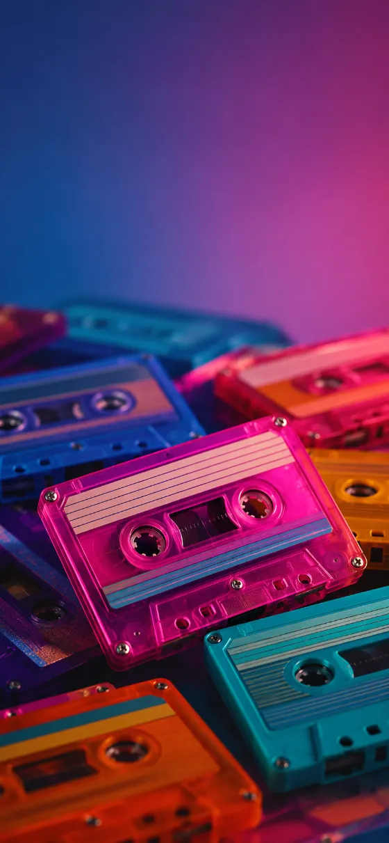 Colorful vintage cassette tapes arranged in a premium macro composition with one magenta cassette as the focal point.