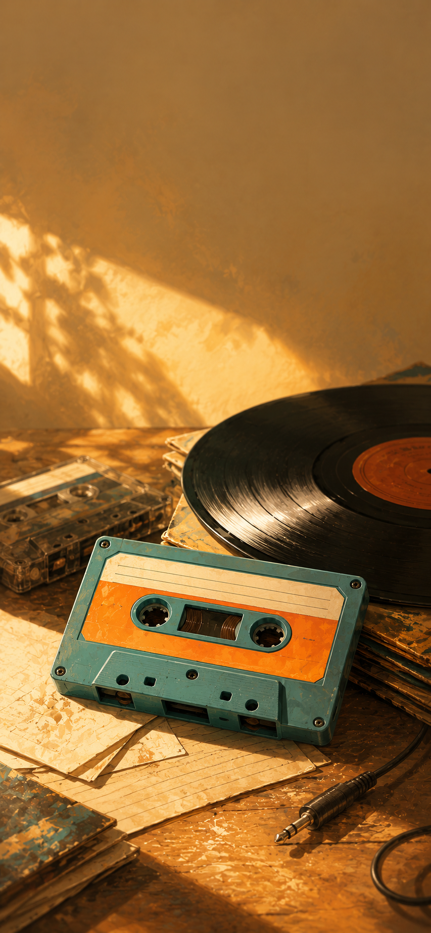Painterly still life with a turquoise cassette tape, orange label, black vinyl record, paper notes, and audio plug on a warm tabletop.