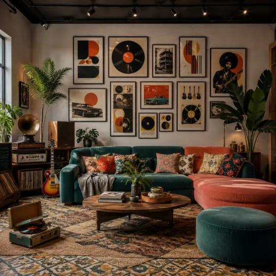 Colorful retro-modern living room with teal and coral sofa, vintage audio equipment, guitar, plants, and framed graphic art.