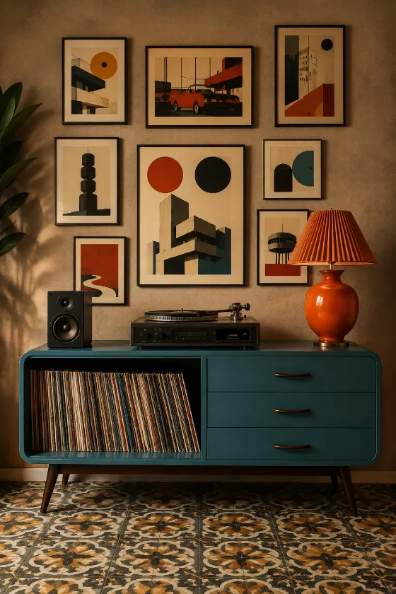 Teal mid-century media console with vinyl records, orange lamp, audio equipment, and retro framed artwork.