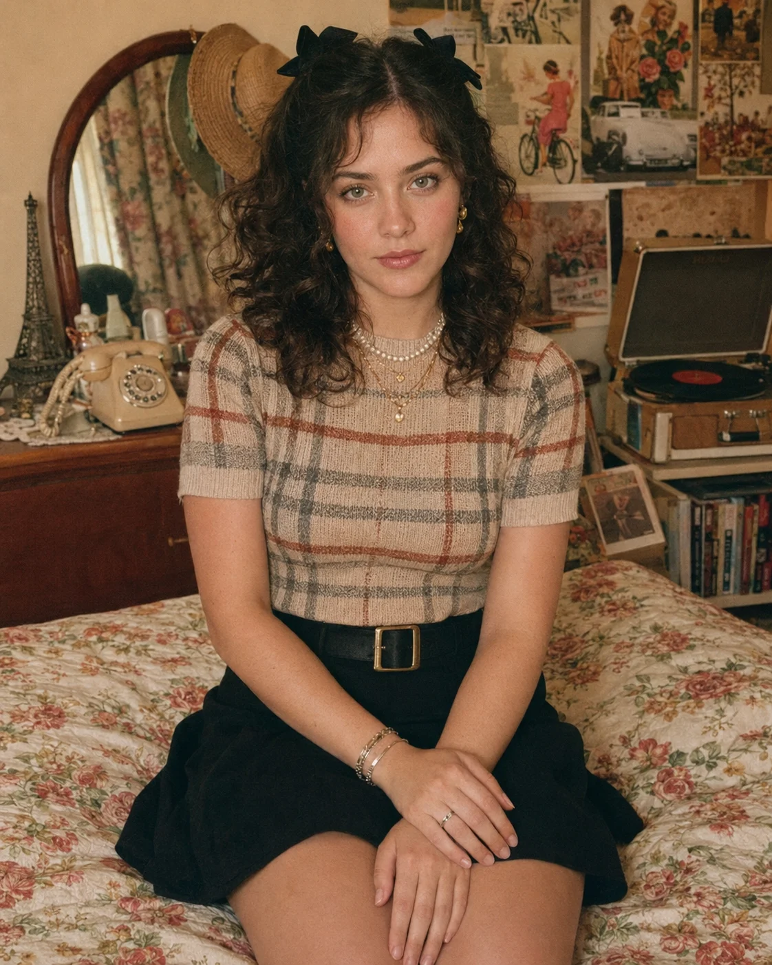 Seated woman in a plaid knit top and black skirt surrounded by floral bedding, records, books, and warm vintage bedroom decor.
