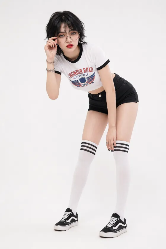 Retro-casual fashion portrait of a woman leaning forward in a graphic ringer top, black shorts, round glasses and white striped over-knee socks.