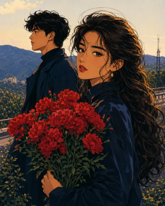 Vertical retro romance artwork showing two young adults, a red bouquet, navy clothing, and distant mountains at dusk.