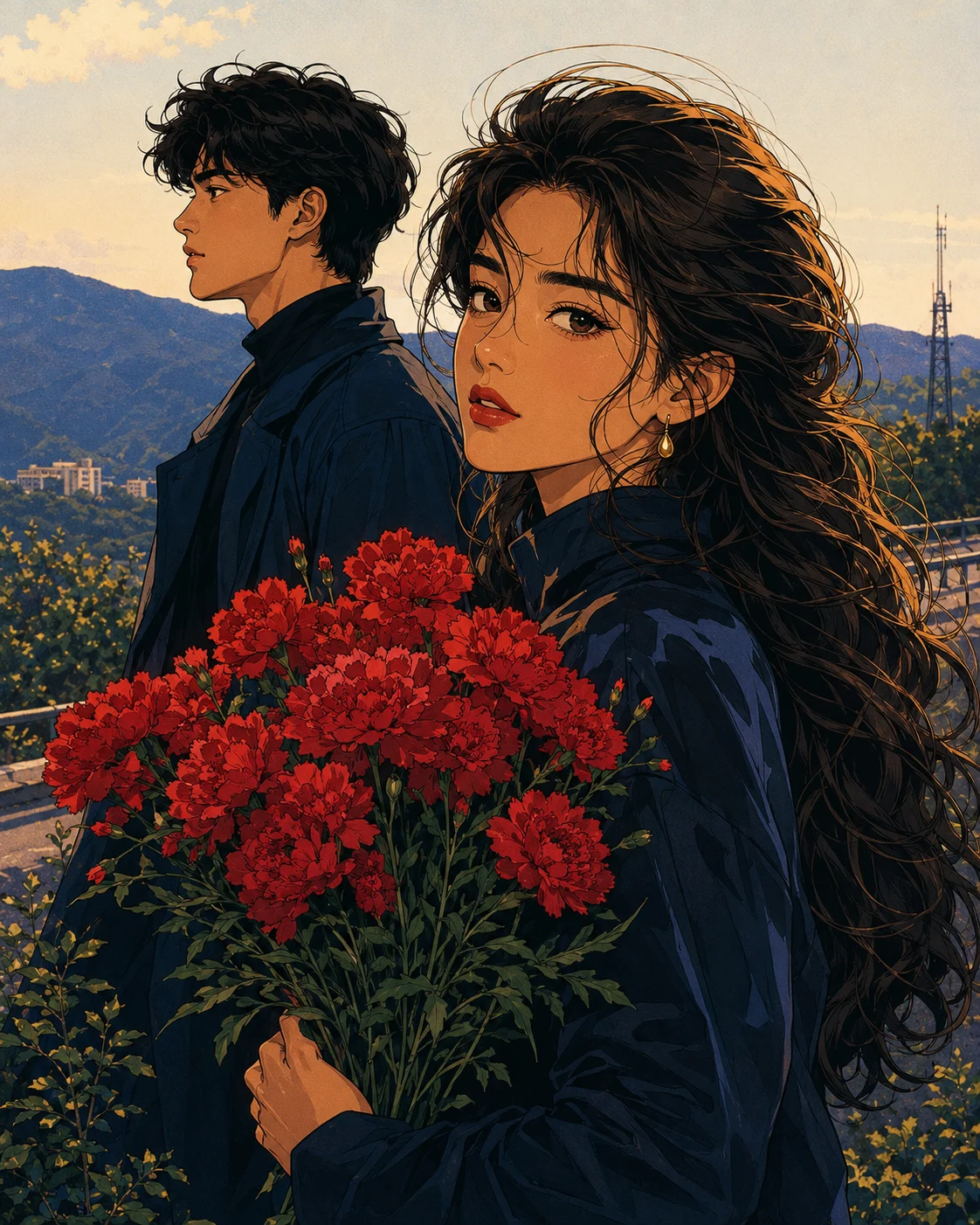 Vertical retro romance artwork showing two young adults, a red bouquet, navy clothing, and distant mountains at dusk.