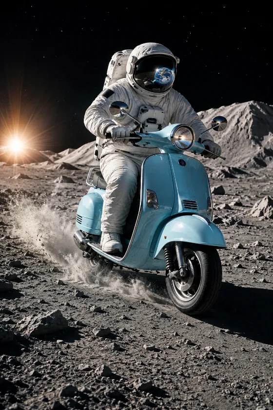 Retro scooter with astronaut rider traveling across lunar terrain with dust trail and dramatic sunlight.