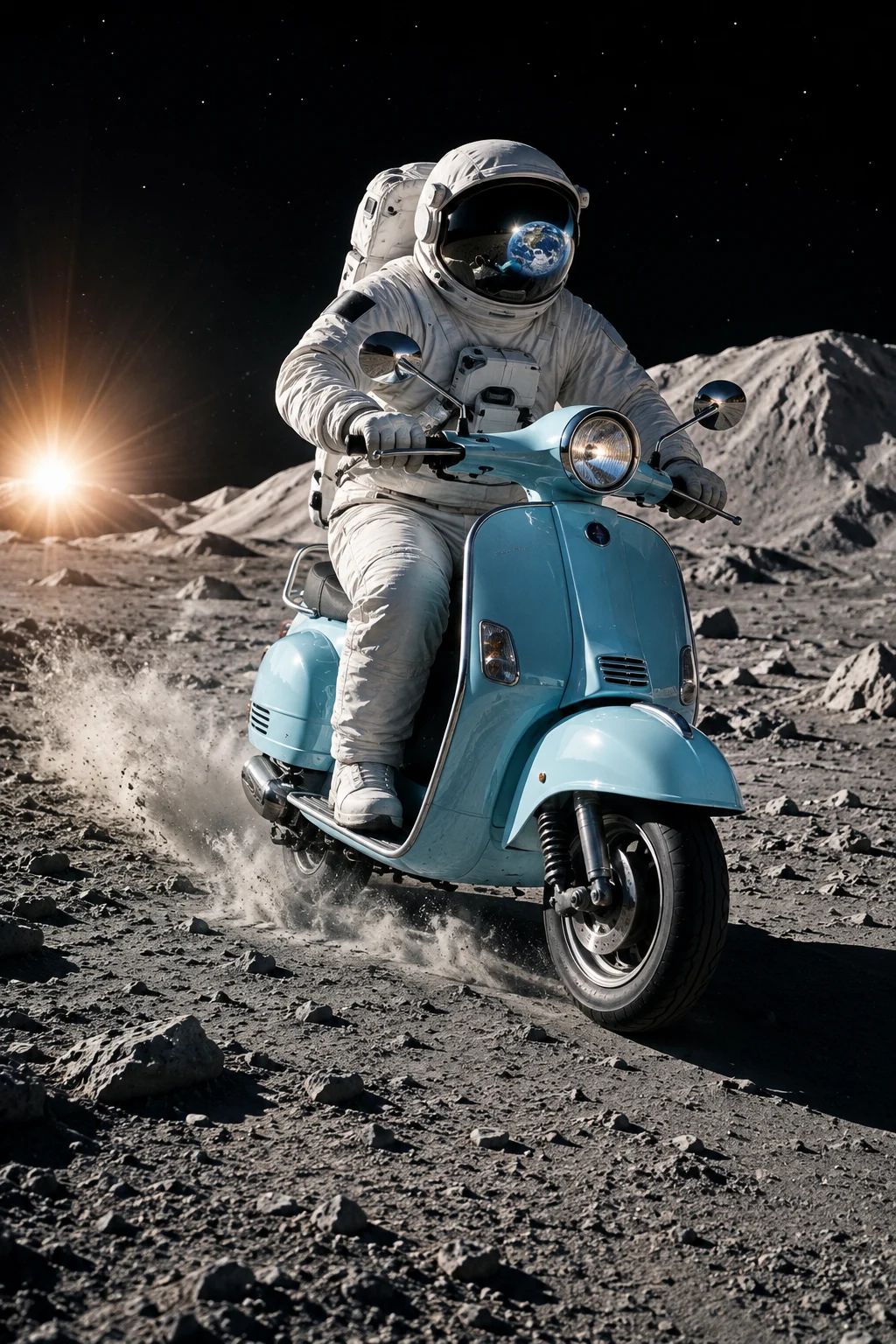 Retro scooter with astronaut rider traveling across lunar terrain with dust trail and dramatic sunlight.