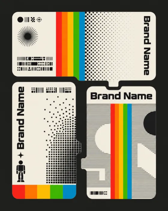 Modular retro poster with three rounded cards, colorful vertical bands, black optical patterns and geometric type.