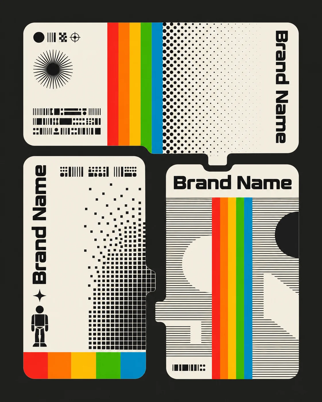 Modular retro poster with three rounded cards, colorful vertical bands, black optical patterns and geometric type.