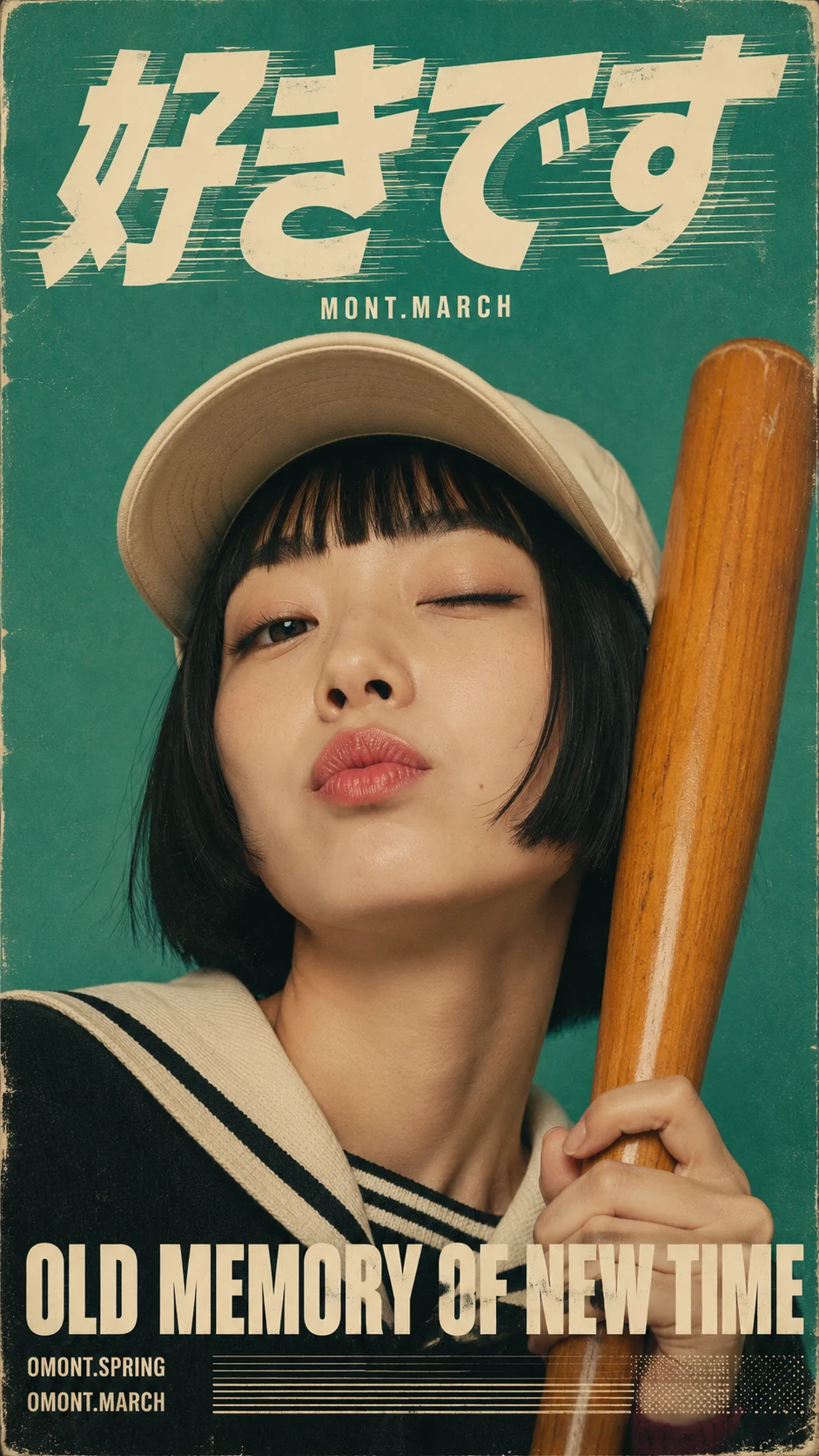 Winking adult model in retro sports styling holding a wooden bat against a teal editorial poster background.