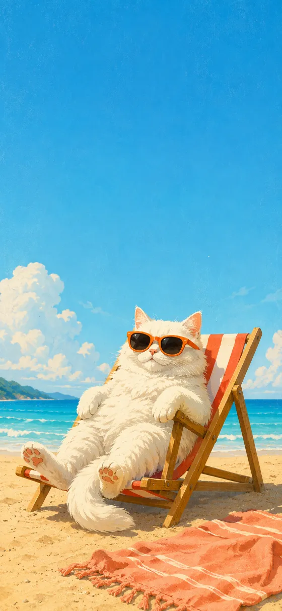 White cat in orange sunglasses lounging on a striped beach chair against blue sky and warm sand.