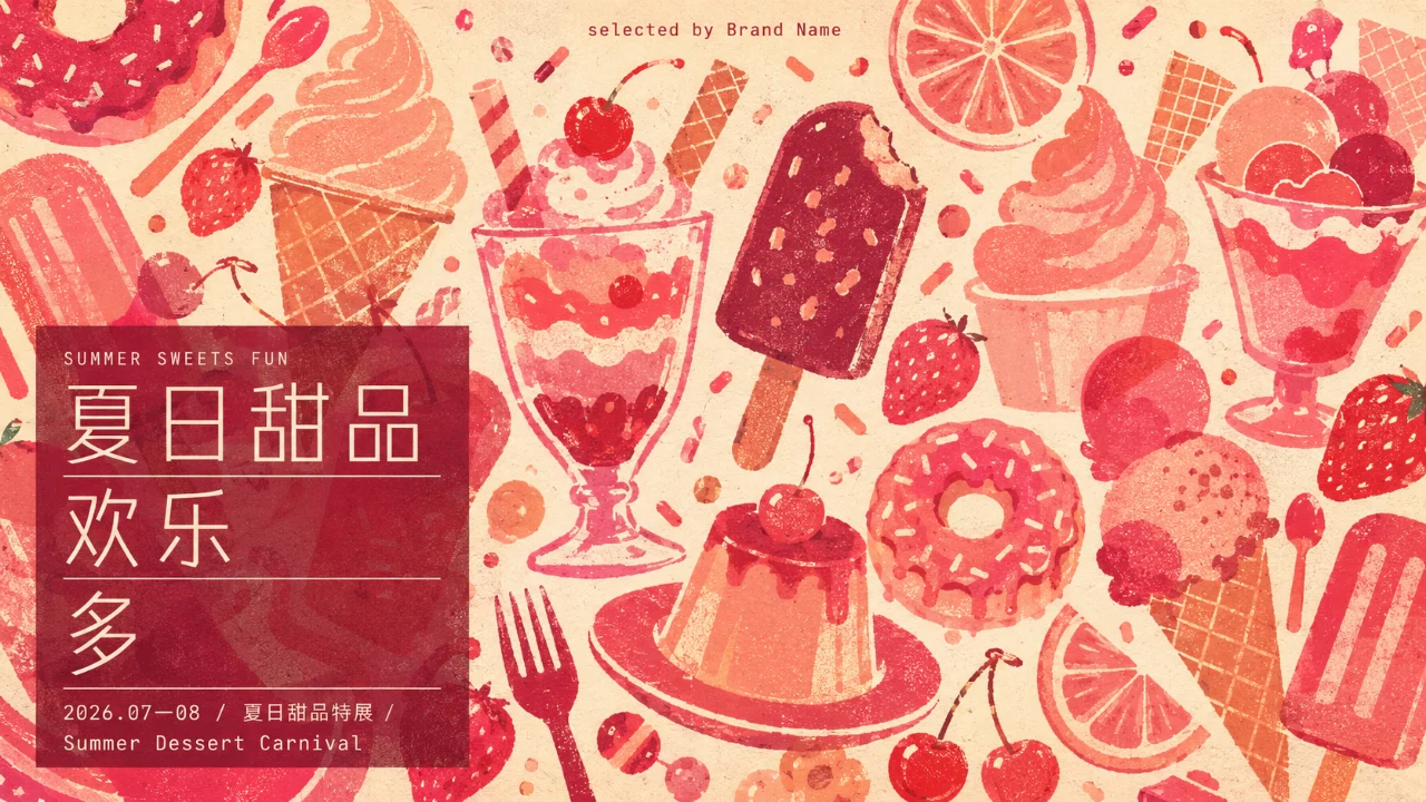 Wide pink and cream summer dessert poster with layered ice cream, fruit, pudding and utensil silhouettes surrounding a dark-red text panel.