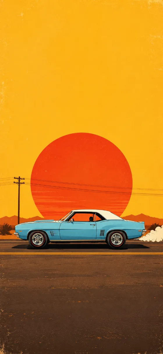 Retro illustration of a pale-blue classic muscle car driving past a giant orange sun on a yellow background.