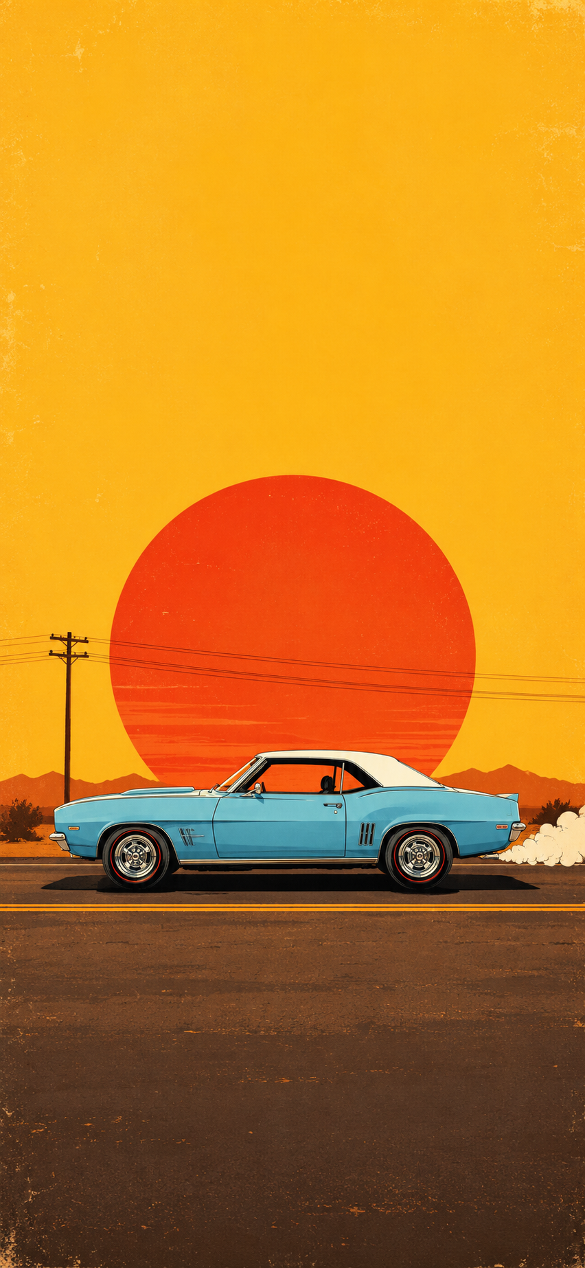 Retro illustration of a pale-blue classic muscle car driving past a giant orange sun on a yellow background.