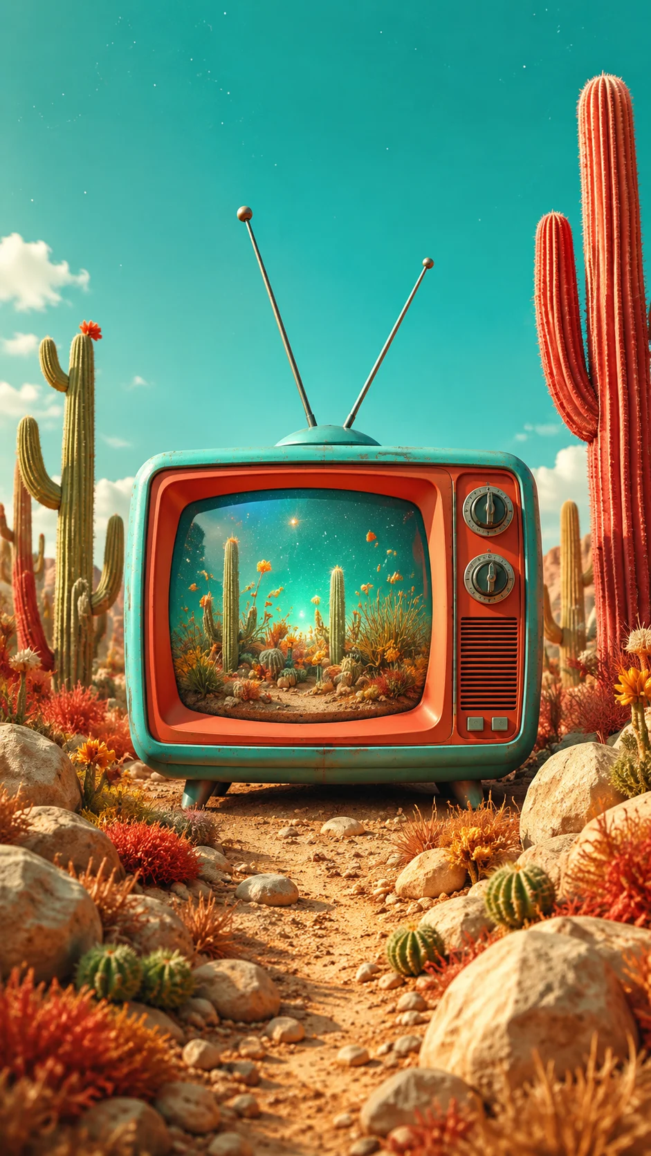 Surreal cactus desert with a centered retro turquoise television showing a tiny desert ecosystem inside the rounded screen.