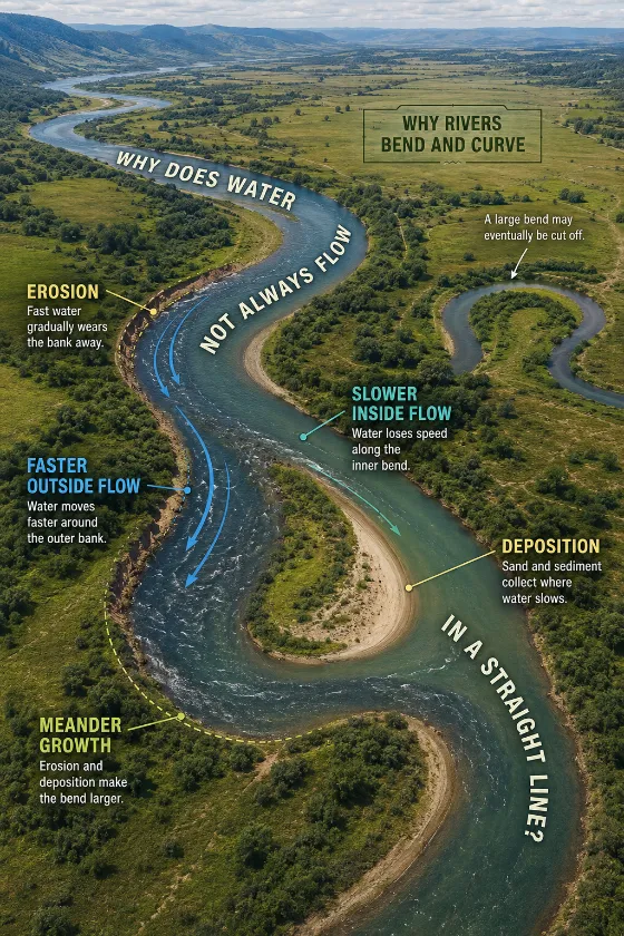 Realistic aerial river valley with labeled faster outer flow, erosion, slower inner flow, deposition, growing meanders, and a possible future cutoff.