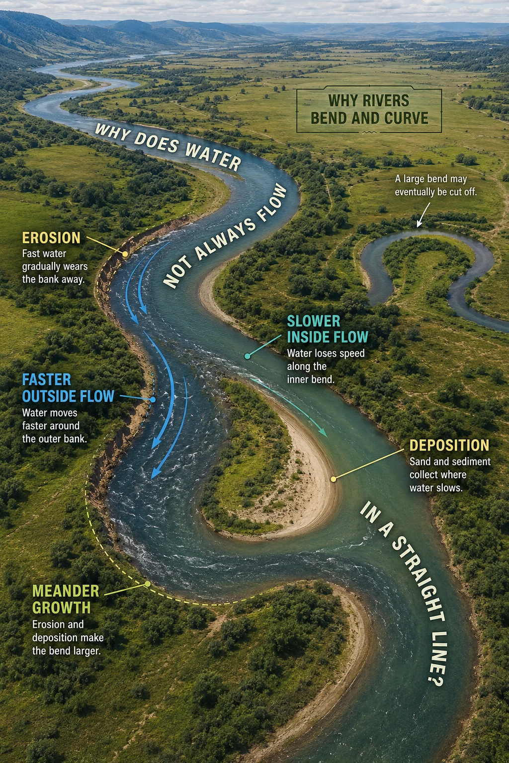 Realistic aerial river valley with labeled faster outer flow, erosion, slower inner flow, deposition, growing meanders, and a possible future cutoff.
