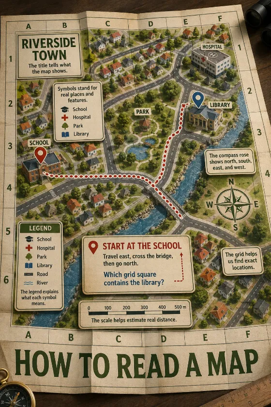 Educational town map with a school-to-library route, map symbols, legend, compass rose, scale bar, and letter-number grid.