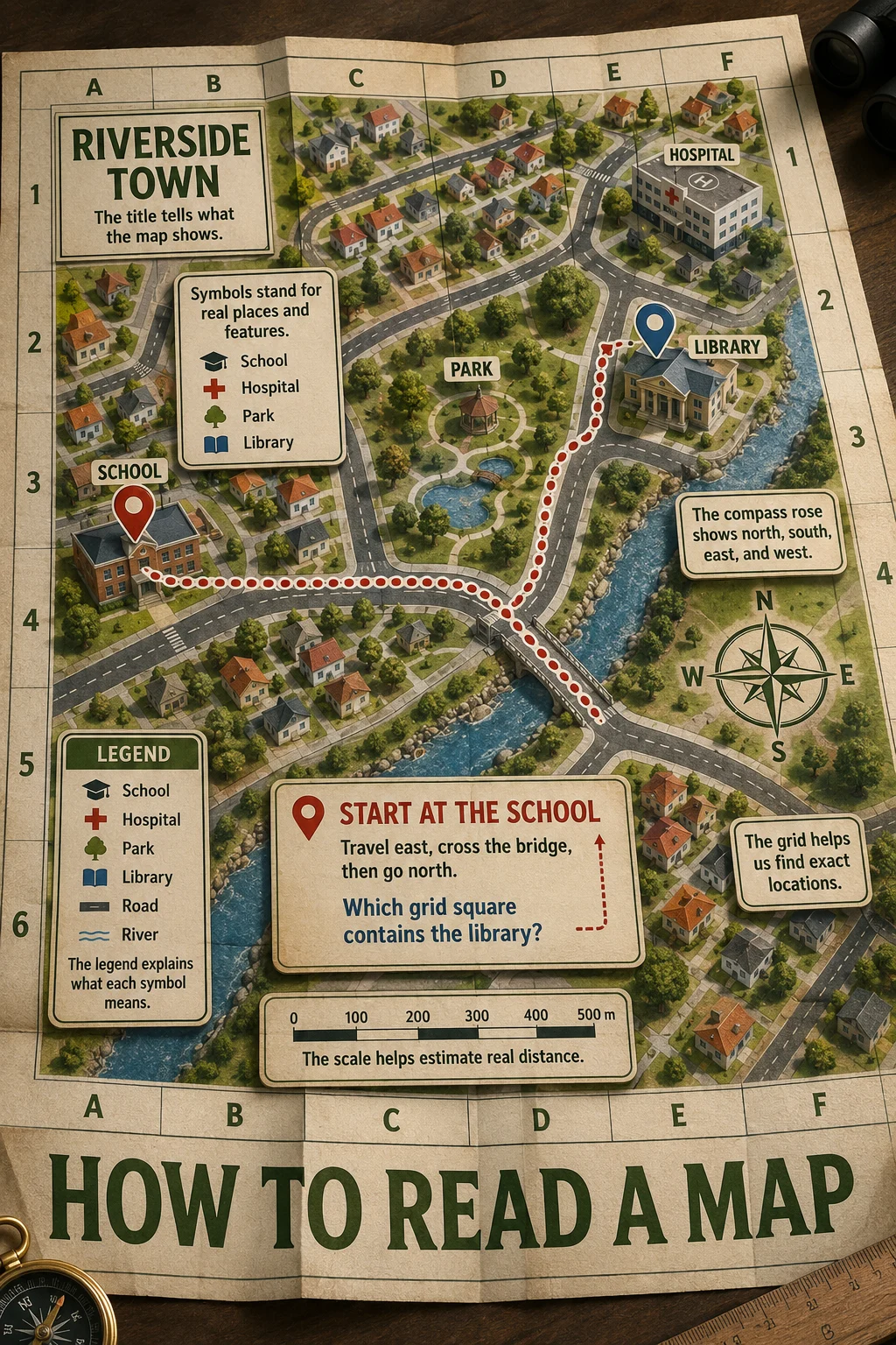 Educational town map with a school-to-library route, map symbols, legend, compass rose, scale bar, and letter-number grid.