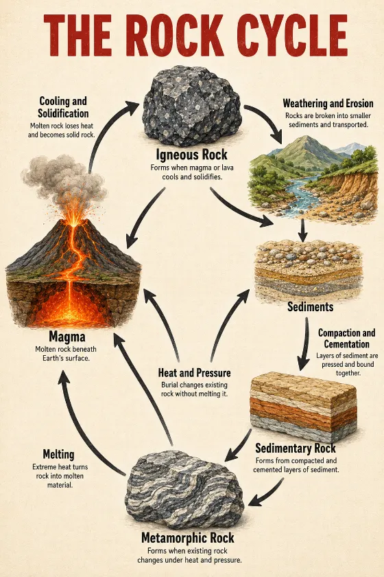 Educational geology poster illustrating the rock cycle with magma, rock samples, process arrows, sediments, and weathering.