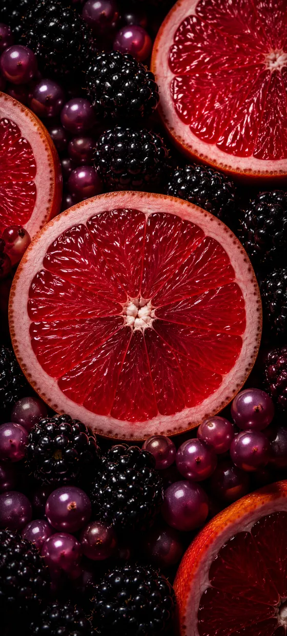 Vertical wallpaper showing ruby grapefruit halves, glossy blackberries, and mauve pearl-like berries on a dark background.