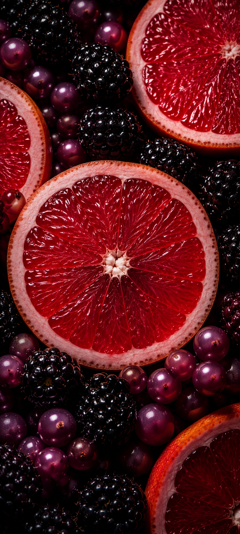 Vertical wallpaper showing ruby grapefruit halves, glossy blackberries, and mauve pearl-like berries on a dark background.
