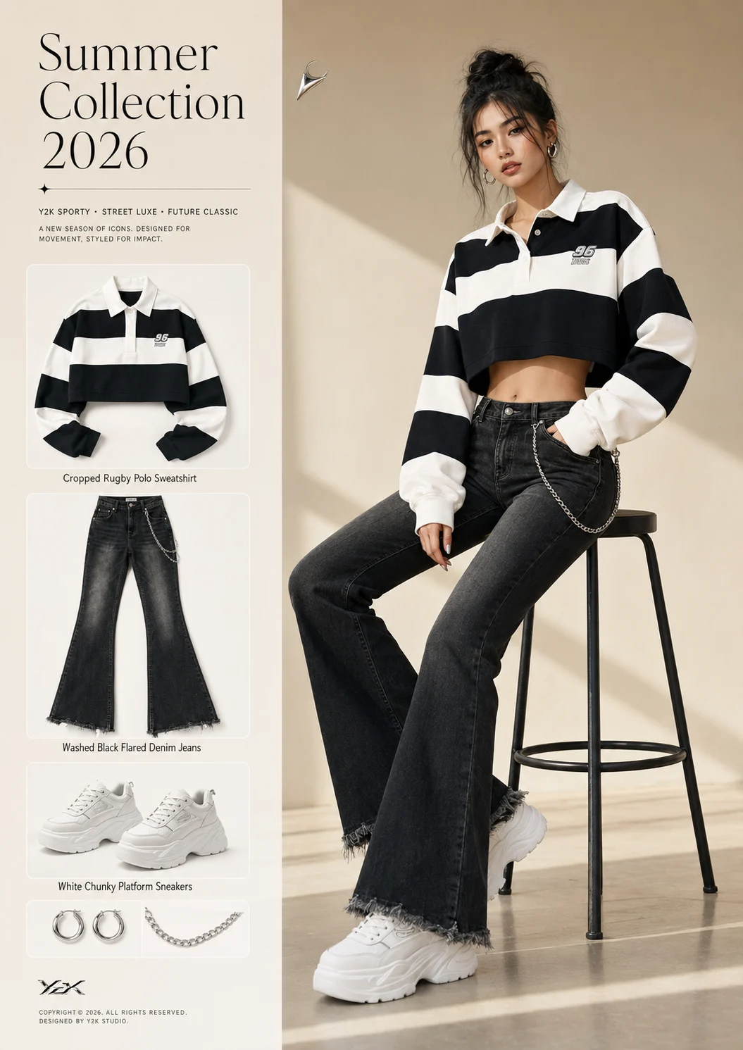 Fashion poster with Summer Collection 2026 typography and a model in a black-and-white cropped rugby polo outfit with flared black jeans.