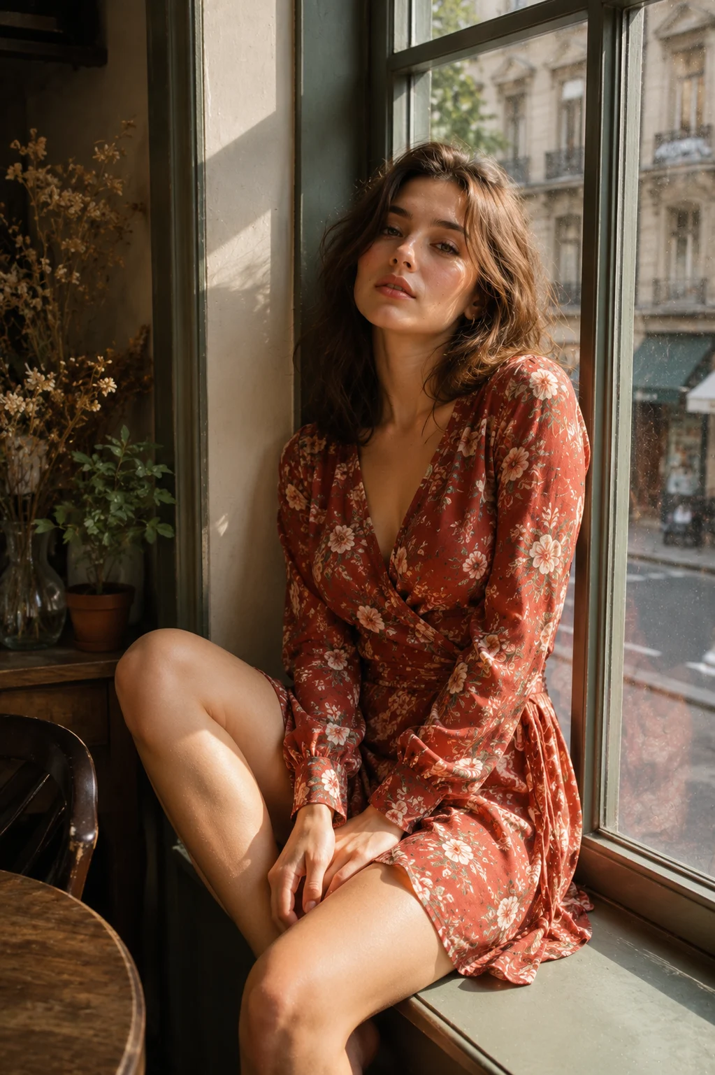 Fashion subject in a rust floral wrap dress seated on a café windowsill with warm sunlight, plants, and city reflections.