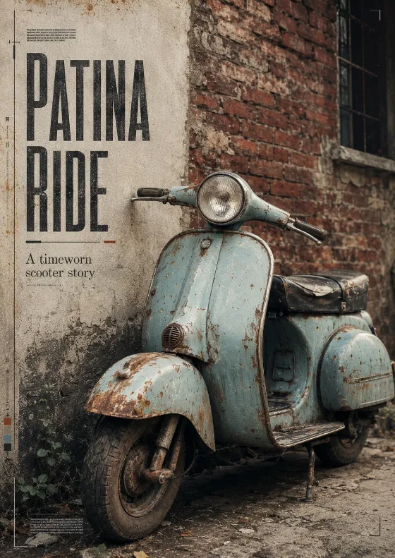 Vertical editorial poster design of a rusted pale-blue vintage scooter with round headlamp, black seat, and weathered brick wall texture.