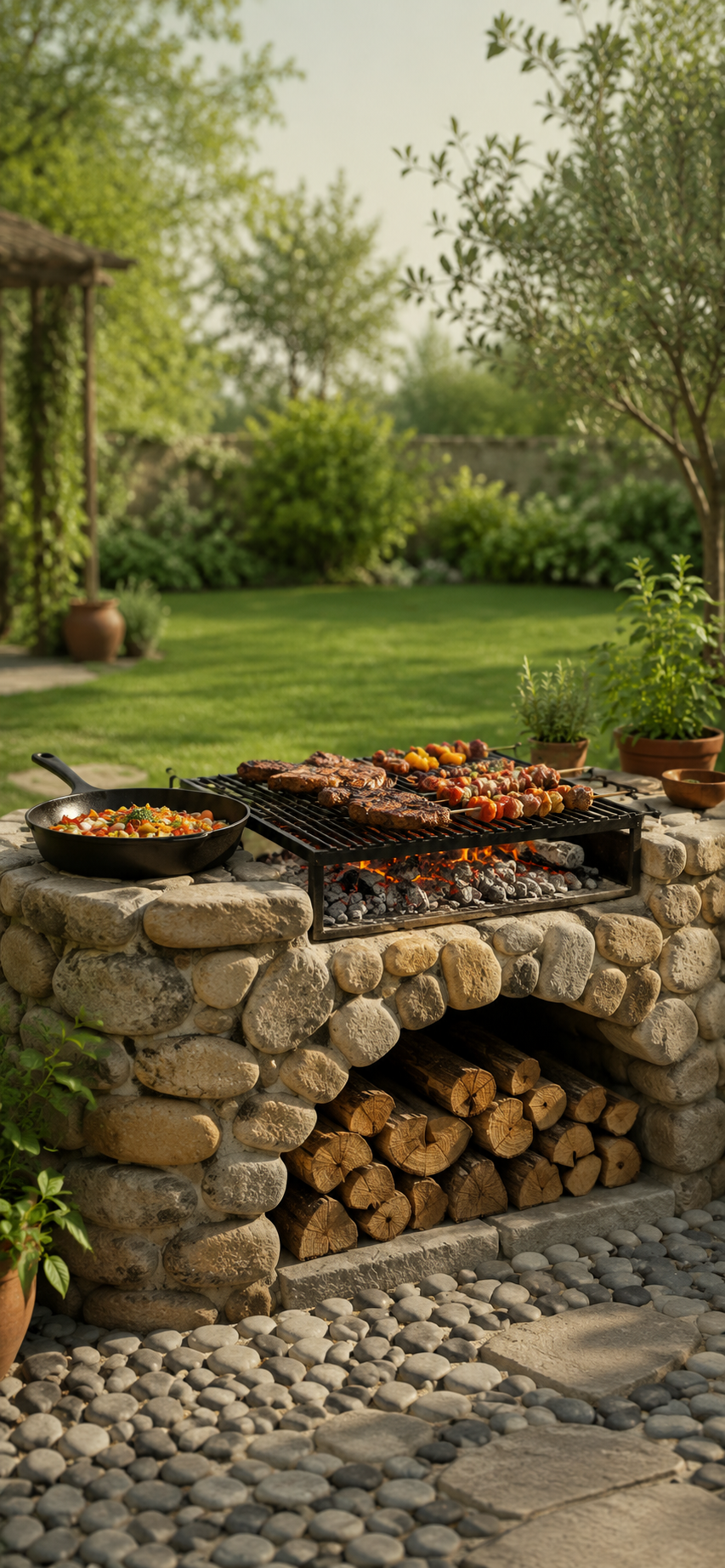 Rustic river-stone barbecue station with open grill, cast-iron pan, firewood storage, flames, and a green backyard garden.