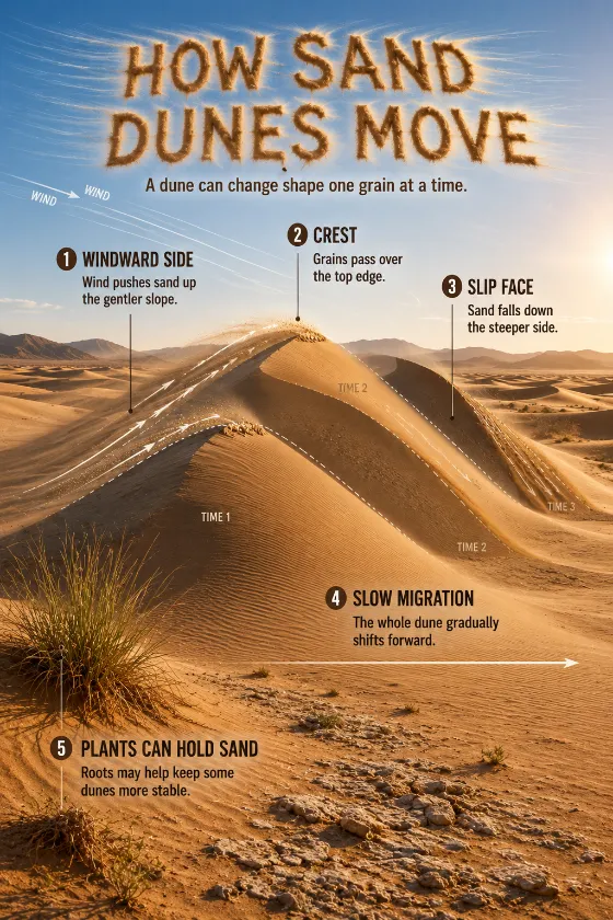 Educational dune landscape with directional wind lines, moving sand grains, a gentle windward slope, steep slip face, migration echoes, and stabilizing plants.