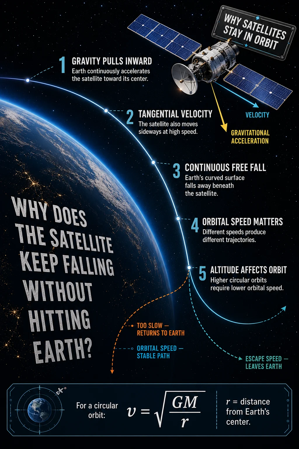 Educational satellite orbit diagram with atmospheric glow, tangent velocity, inward gravity, stable orbit, return path, escape path, and circular-orbit equation.