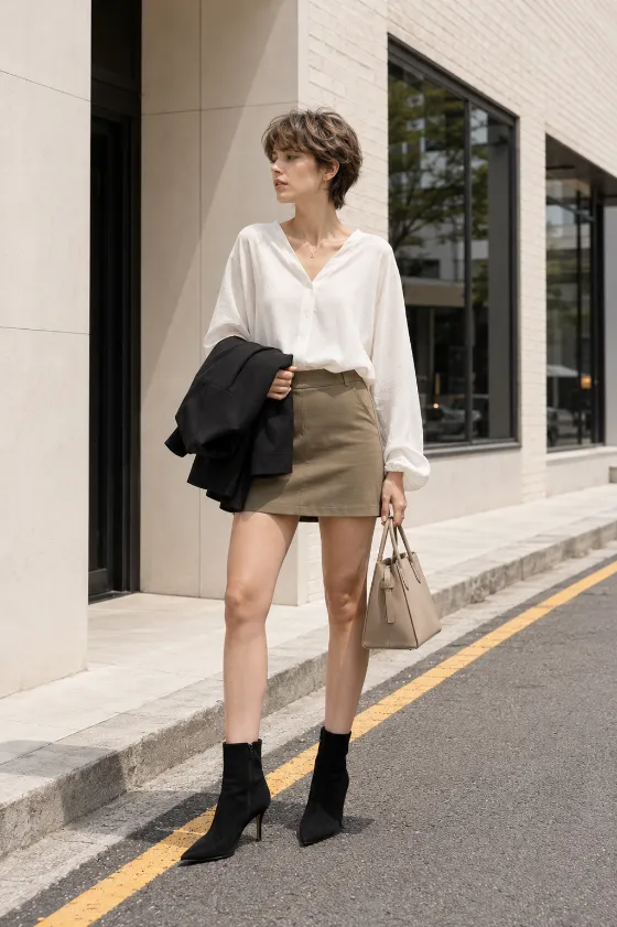 Architectural street-style fashion portrait of a young Scandinavian fashion subject wearing a white blouse, olive-beige mini skirt, and black ankle boots.